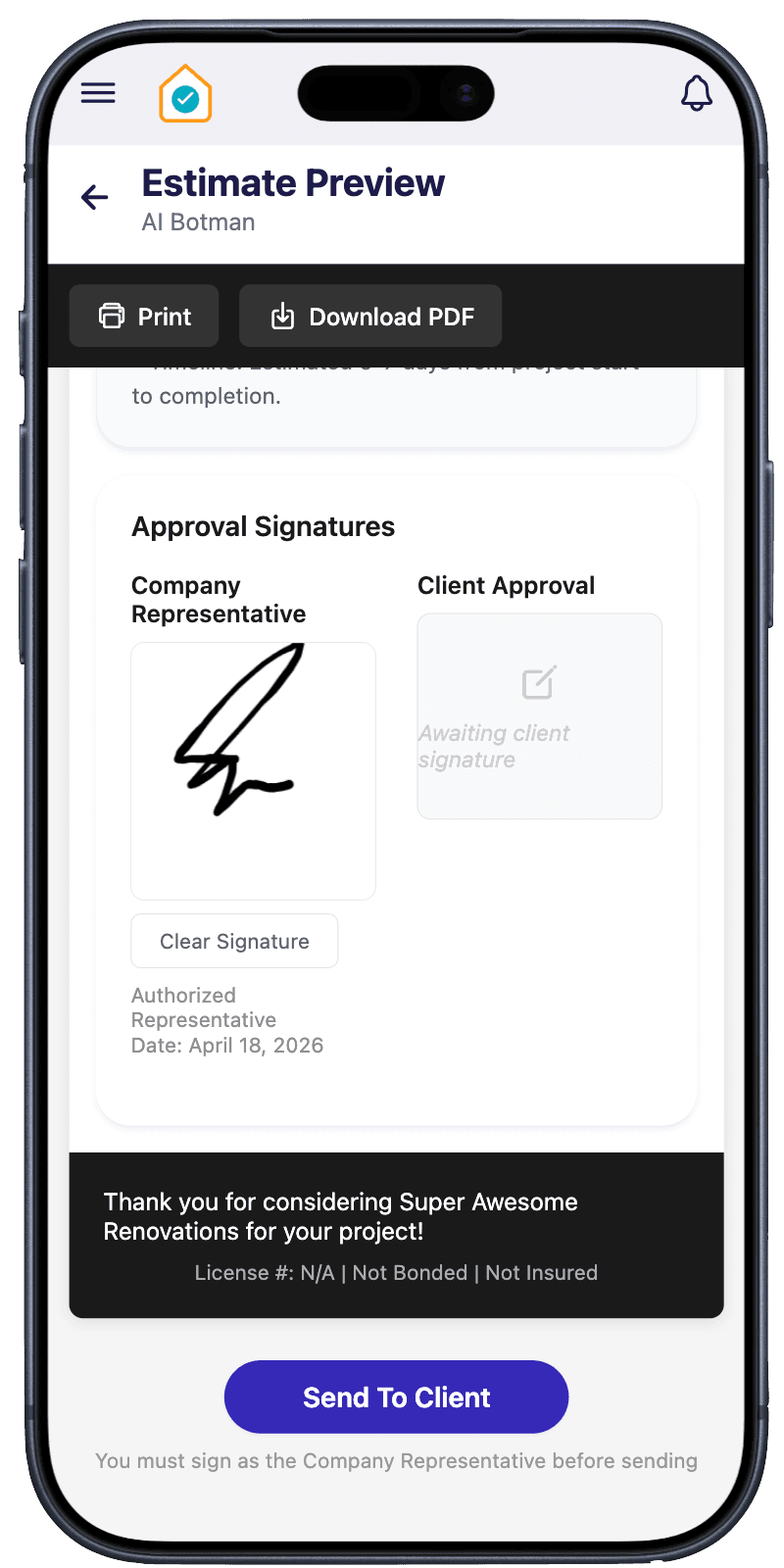 Client signing app screenshot